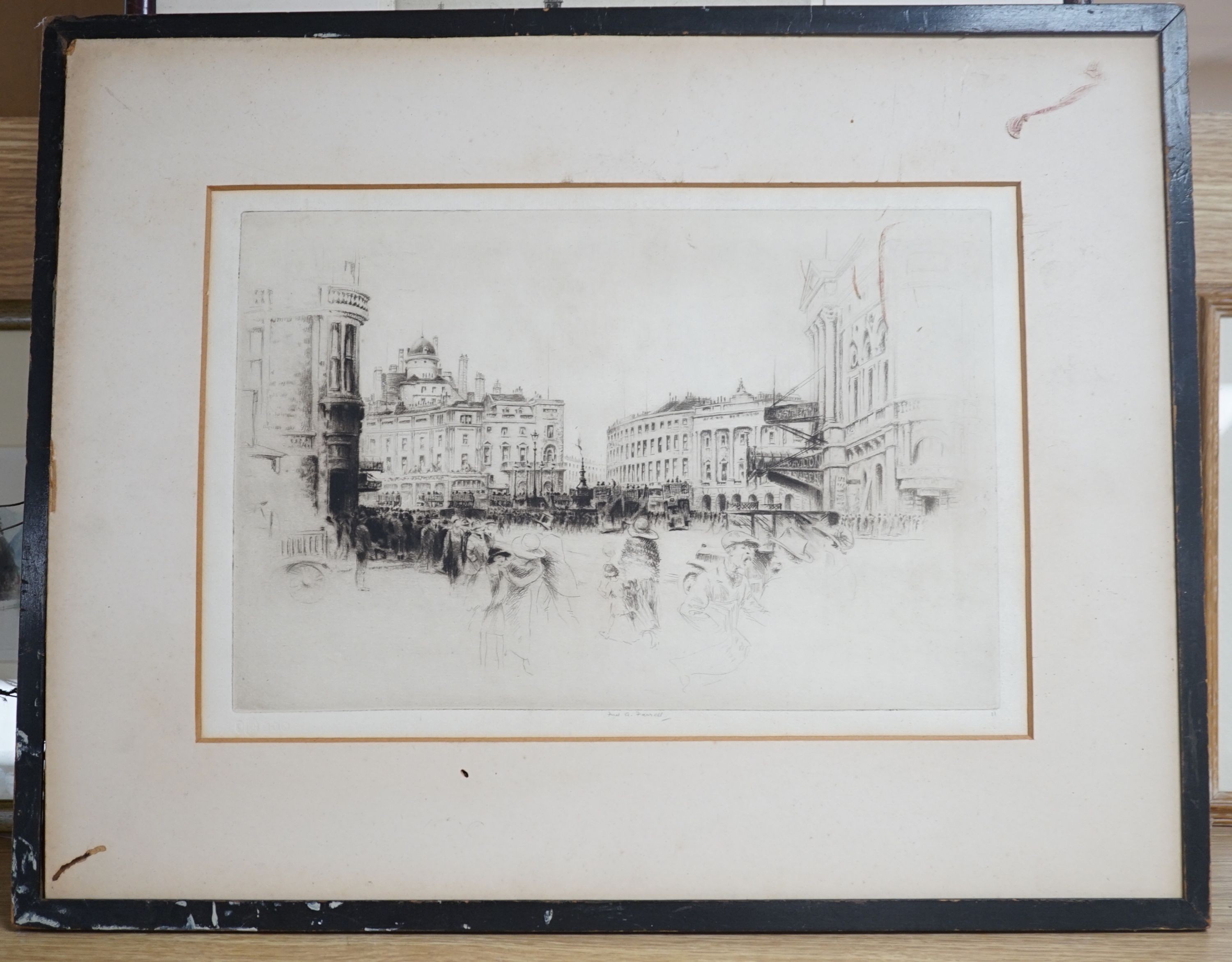 Fred Farrell, drypoint etching, Piccadilly Circus, signed in pencil, 20 x 30cm and a Tom Maxwell etching, 20 x 17cm